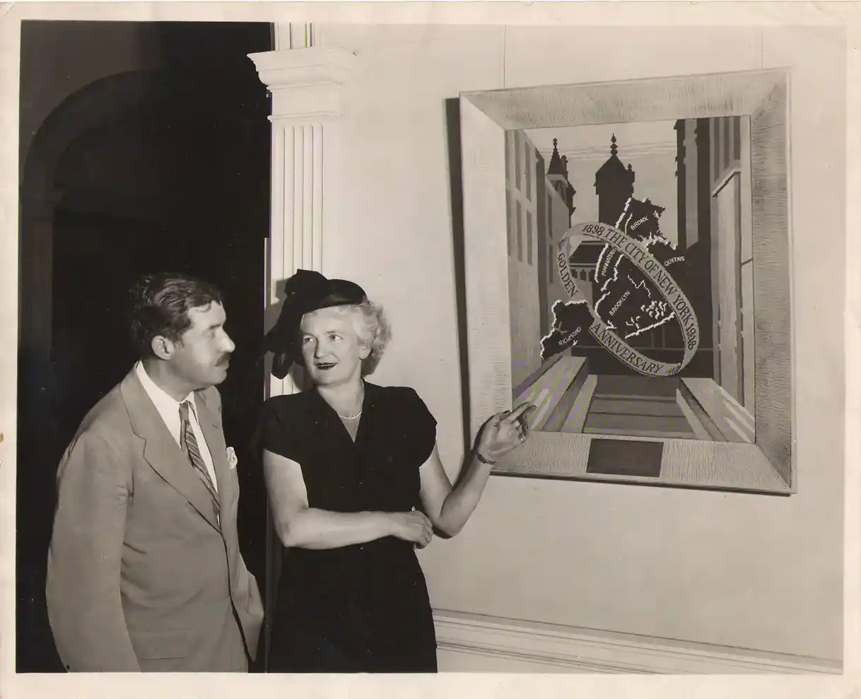 A woman and a man beside petit-point needlework of the five boroughs, City of New York Golden Anniversary 1898–1948.