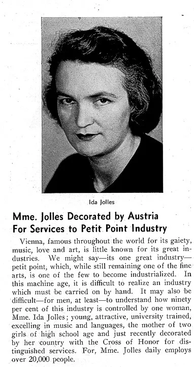 July 1935 Luggage & Leather Goods clipping: portrait of Mme. Ida Jolles and a headline on her decoration.